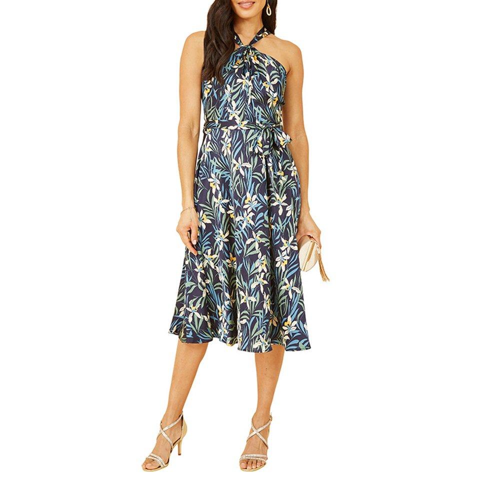 Navy - Yumi - Women's Navy Tropical Print Satin Swing Dress - 2