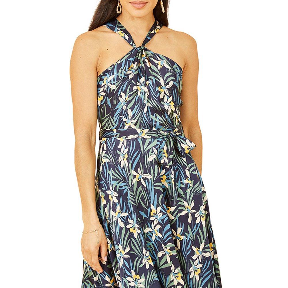 Navy - Yumi - Women's Navy Tropical Print Satin Swing Dress - 3