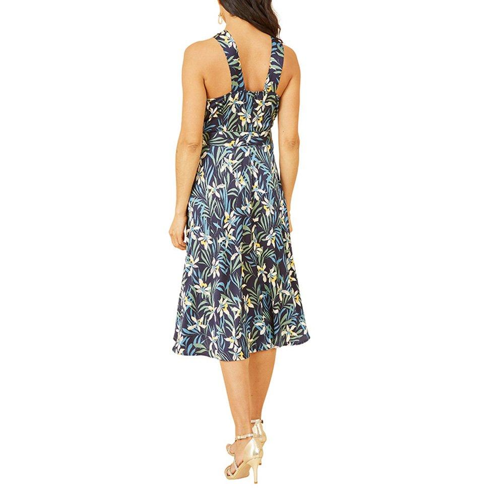 Navy - Yumi - Women's Navy Tropical Print Satin Swing Dress - 4