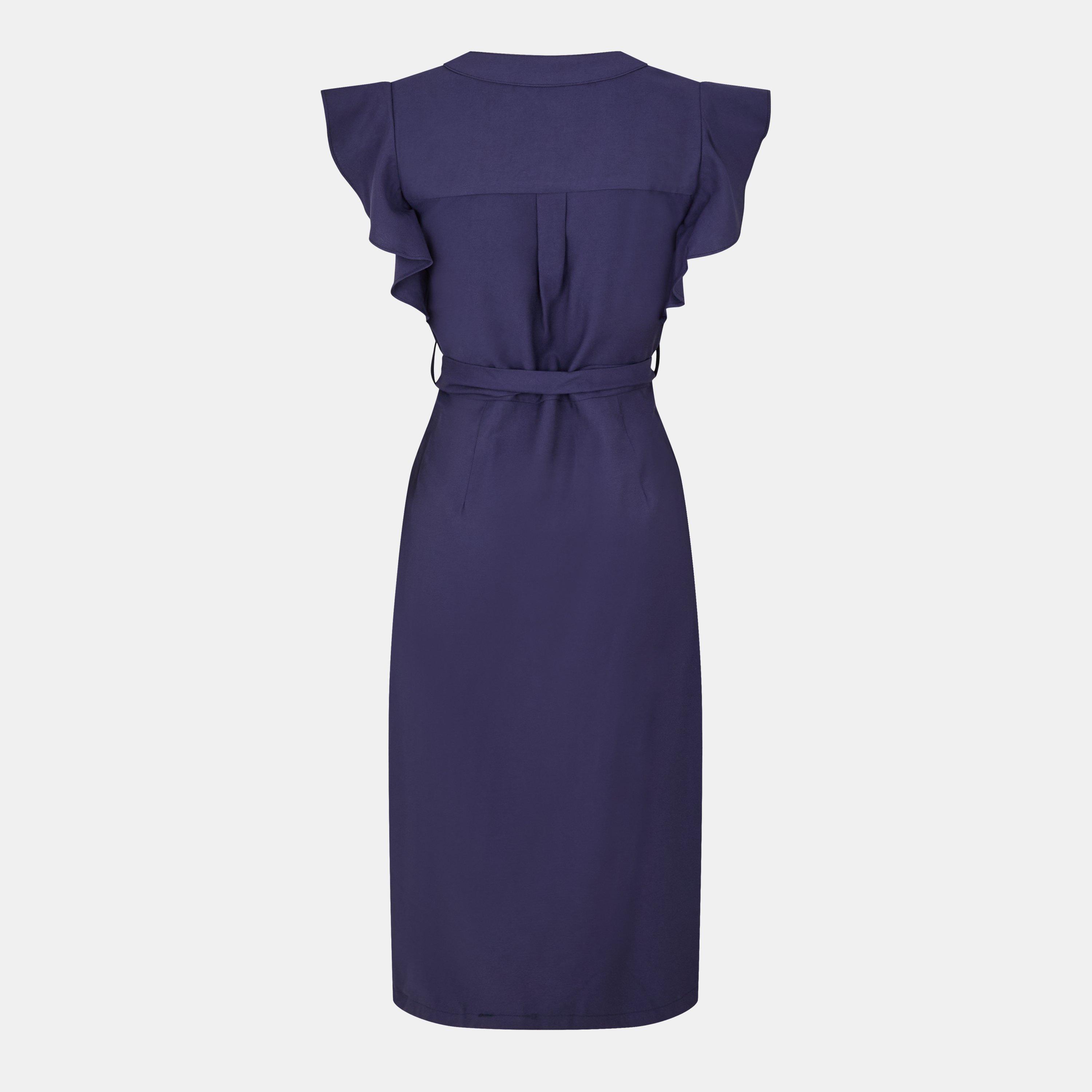 Navy - Yumi - Women's Navy Linen Blend Midi Shirt Dress - 2