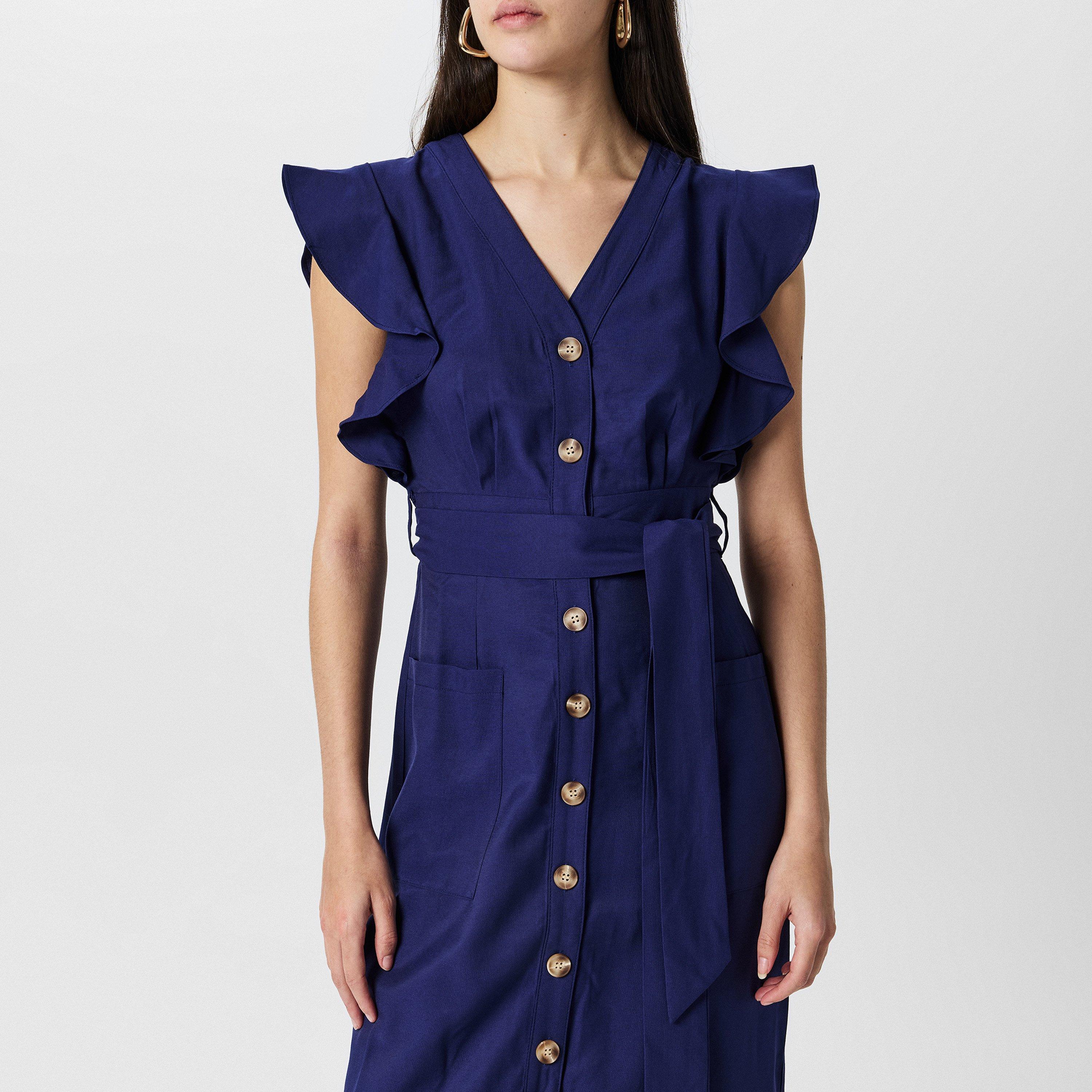 Navy - Yumi - Women's Navy Linen Blend Midi Shirt Dress - 3
