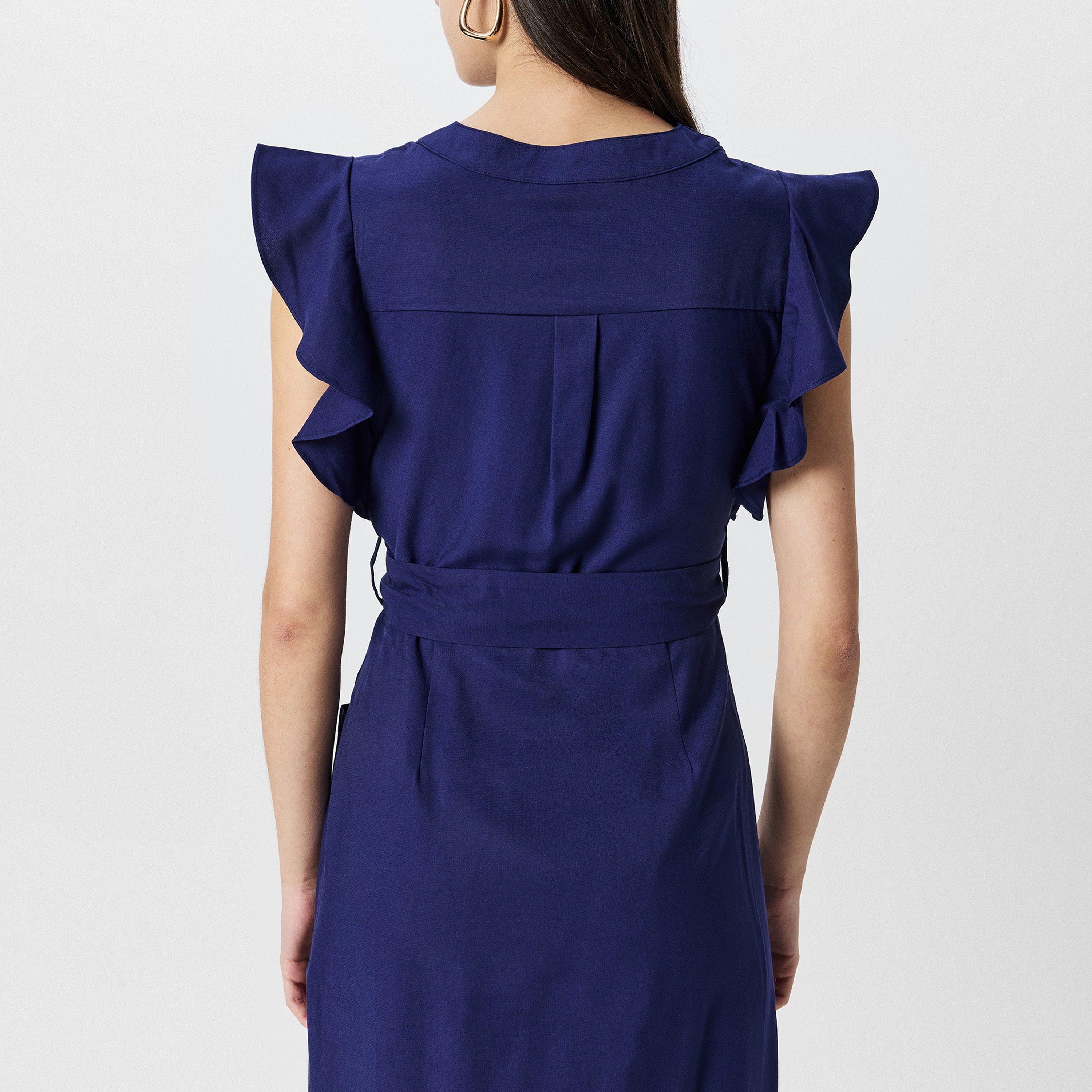 Navy - Yumi - Women's Navy Linen Blend Midi Shirt Dress - 4