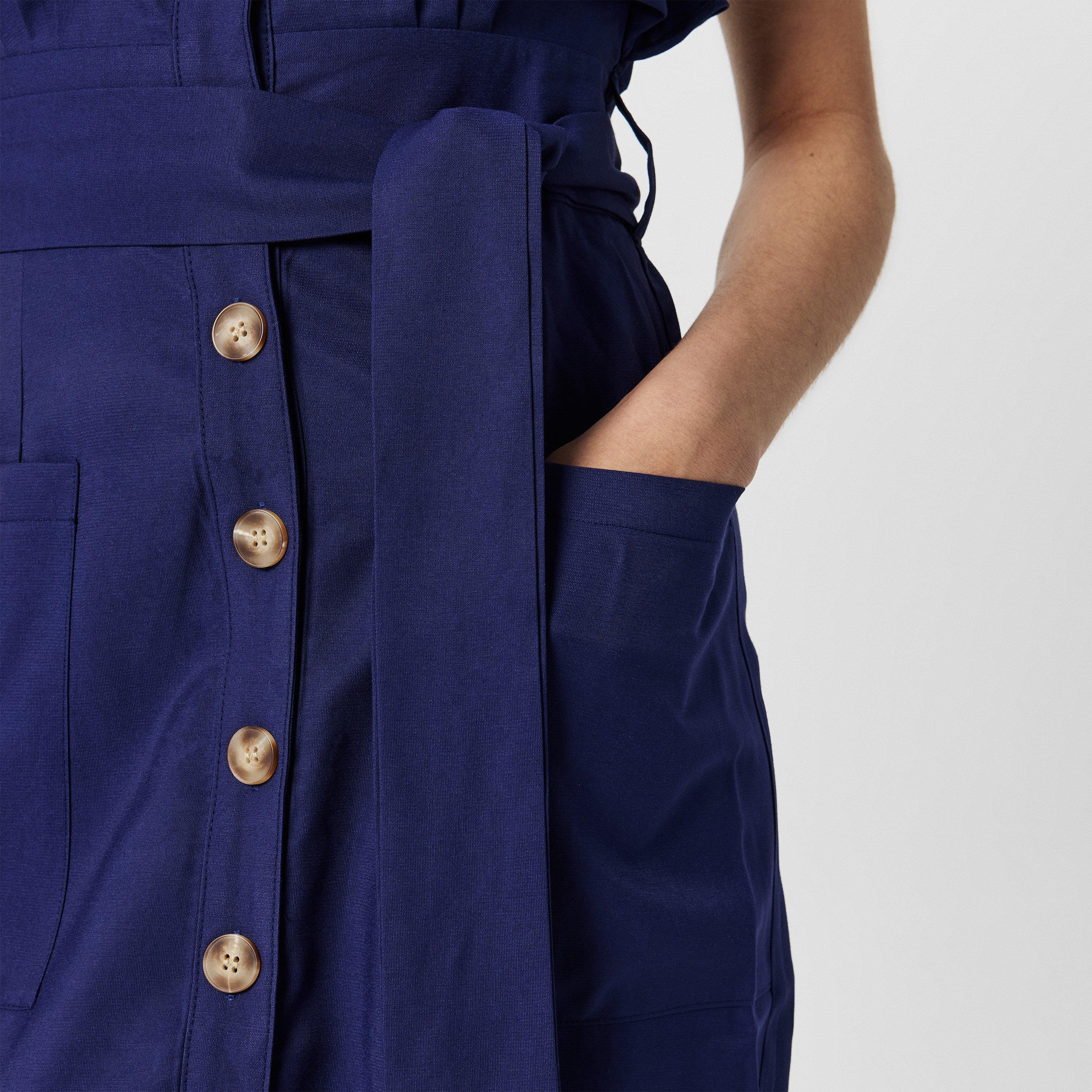 Navy - Yumi - Women's Navy Linen Blend Midi Shirt Dress - 5