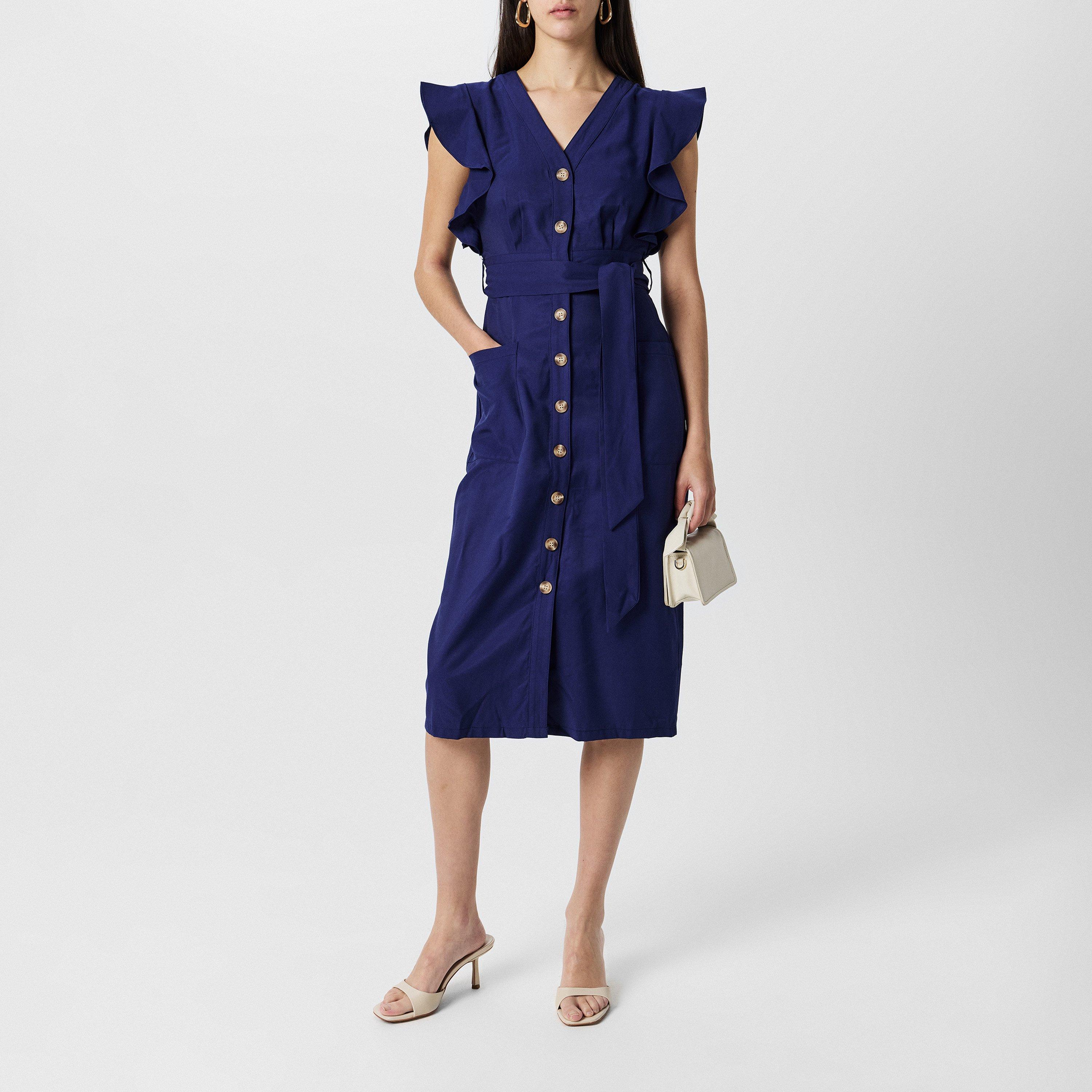 Navy - Yumi - Women's Navy Linen Blend Midi Shirt Dress - 6