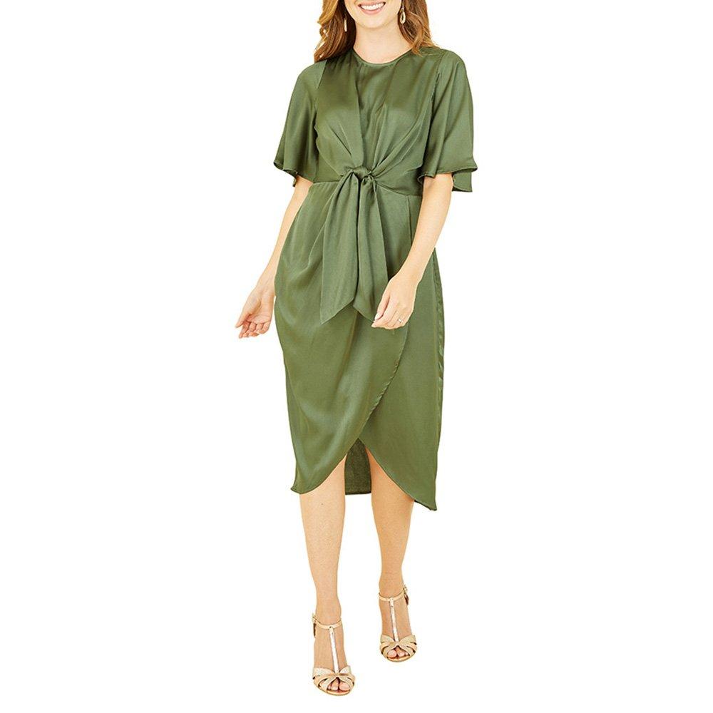 Green - Yumi - Women's Green Satin Tie Detail Midi Wrap Dress - 2