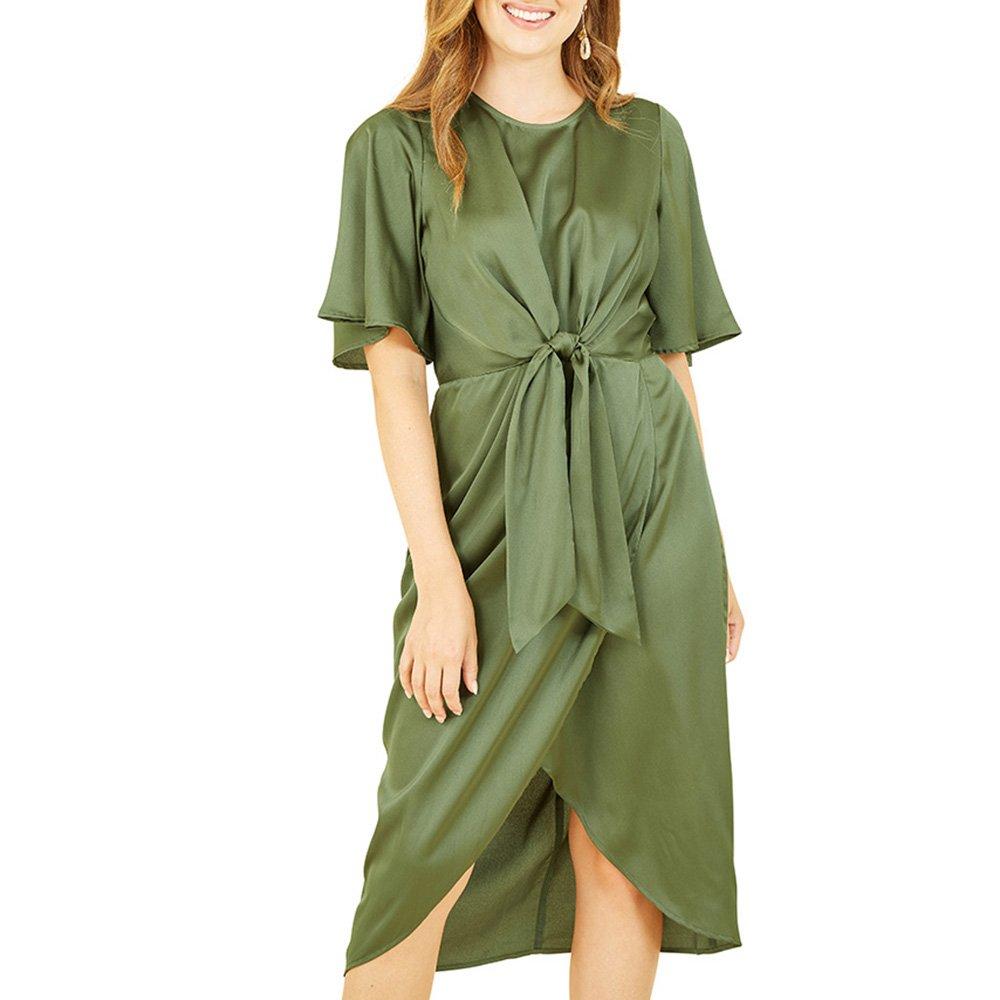 Green - Yumi - Women's Green Satin Tie Detail Midi Wrap Dress - 3