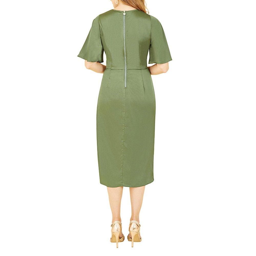 Green - Yumi - Women's Green Satin Tie Detail Midi Wrap Dress - 4