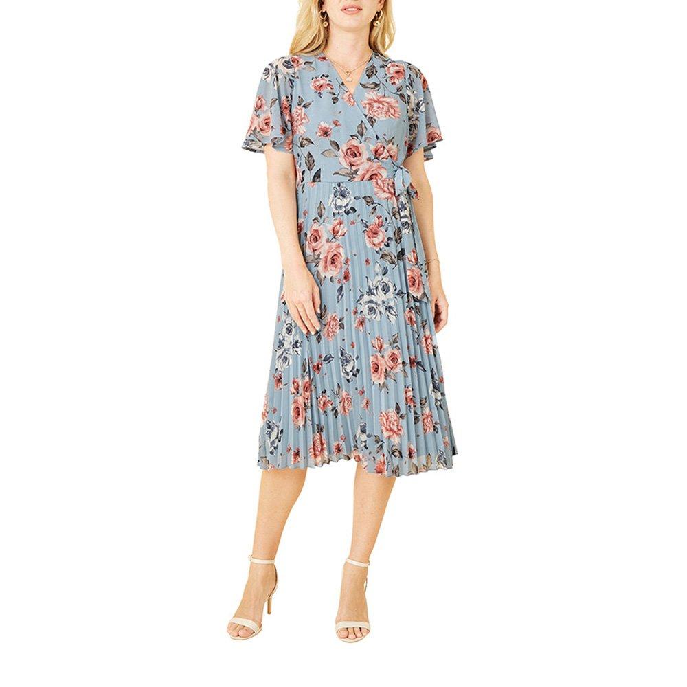 Blue - Yumi - Women's Blue Floral Pleated Midi Wrap Dress - 2