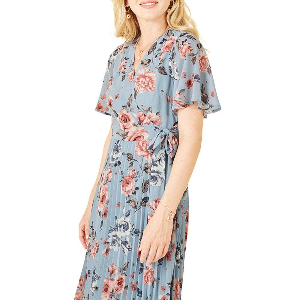 Blue - Yumi - Women's Blue Floral Pleated Midi Wrap Dress - 3