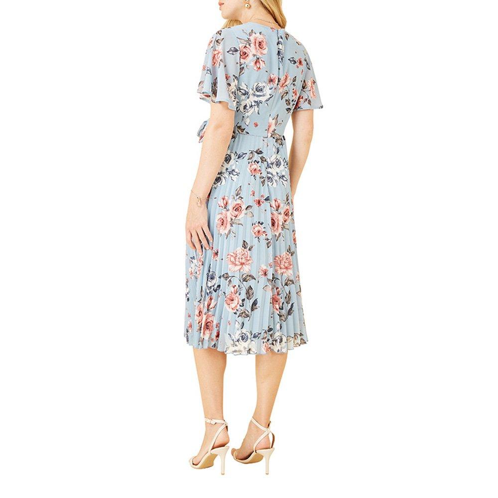 Blue - Yumi - Women's Blue Floral Pleated Midi Wrap Dress - 4