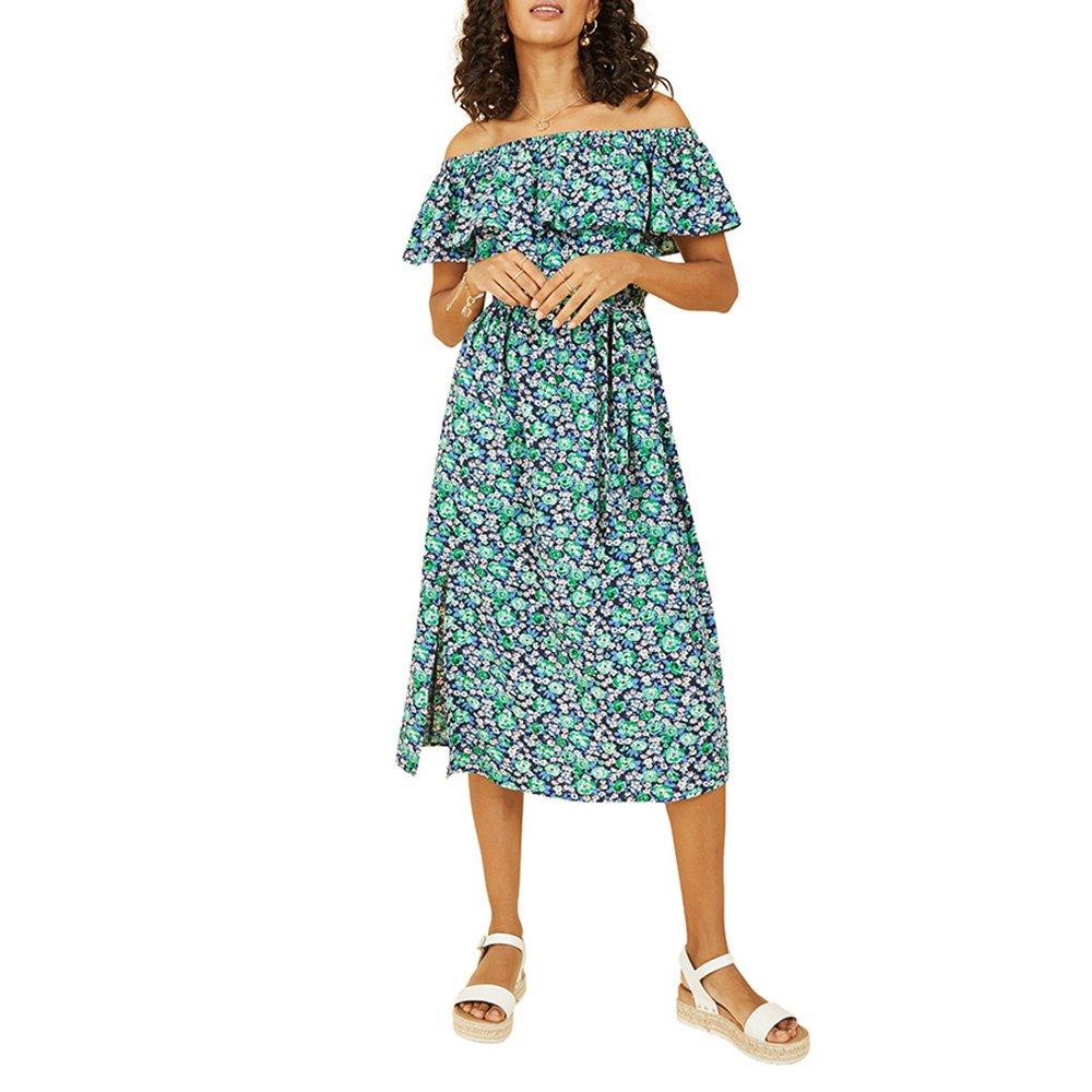 Green - Yumi - Women's Green Ditsy Floral Bardot Midi Wrap Dress - 2