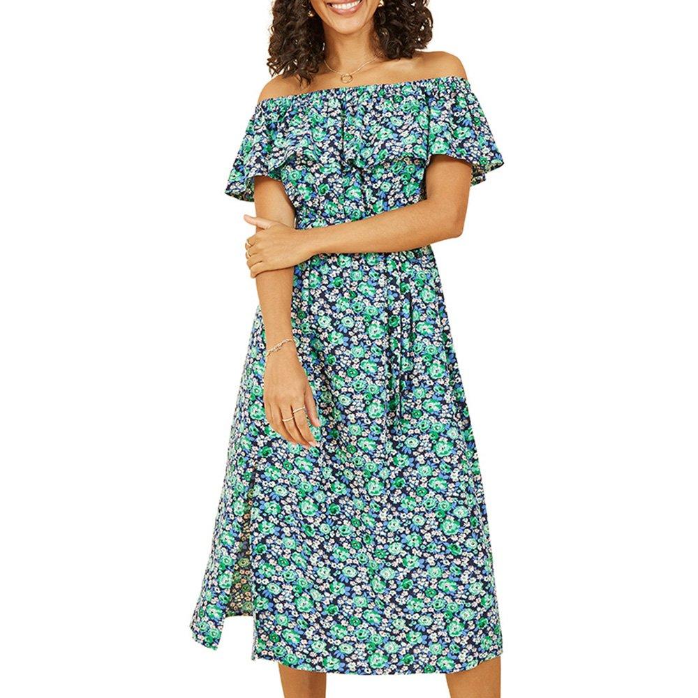 Green - Yumi - Women's Green Ditsy Floral Bardot Midi Wrap Dress - 3
