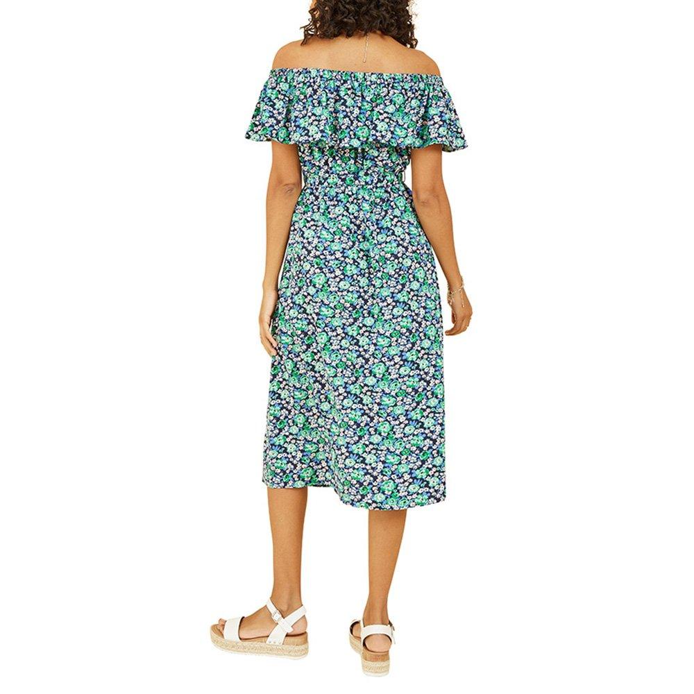 Green - Yumi - Women's Green Ditsy Floral Bardot Midi Wrap Dress - 4