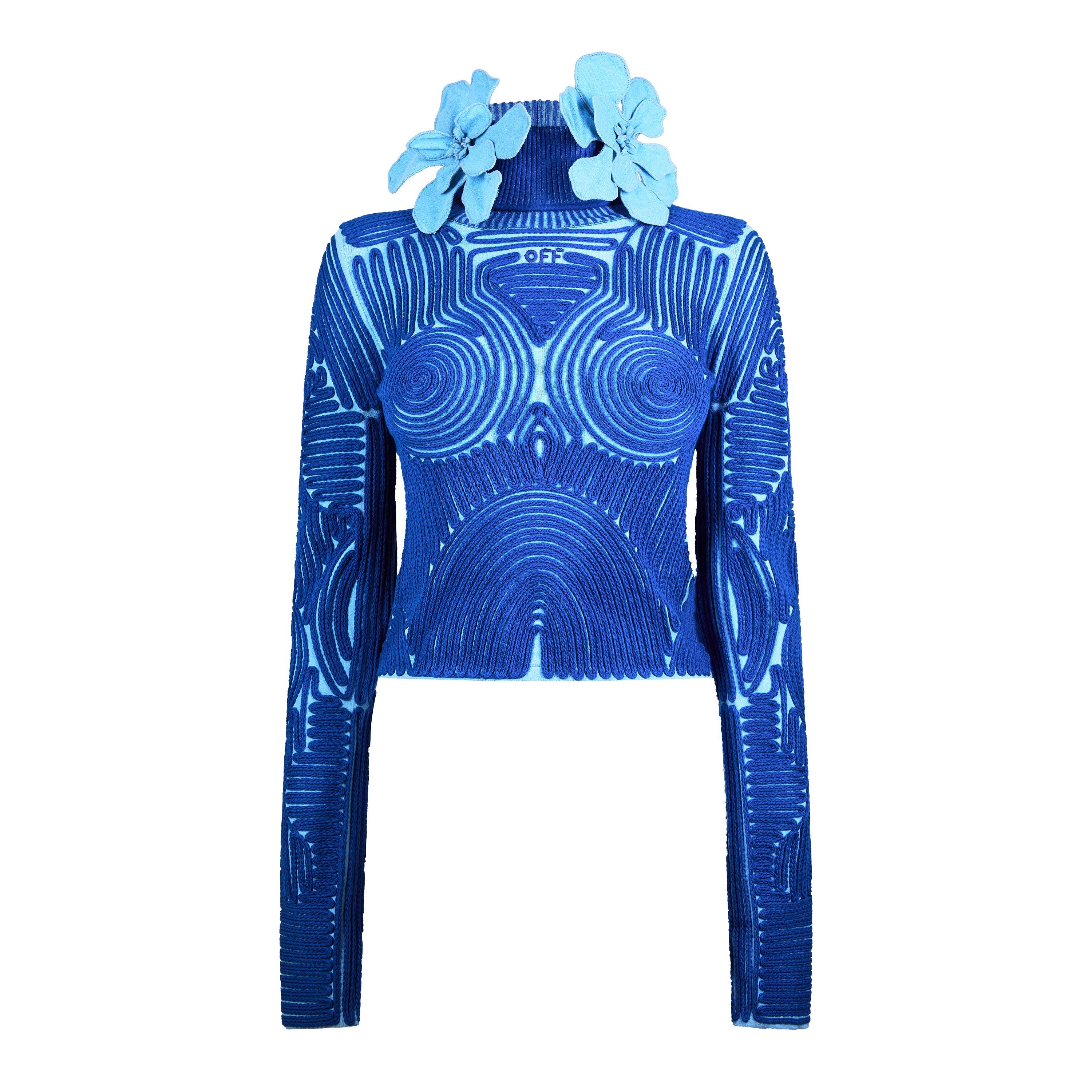 Light Blue - Off White - Women's - Flower Embroidered Long Sleeve Funnel Neck Crew Neck Jumper - 1