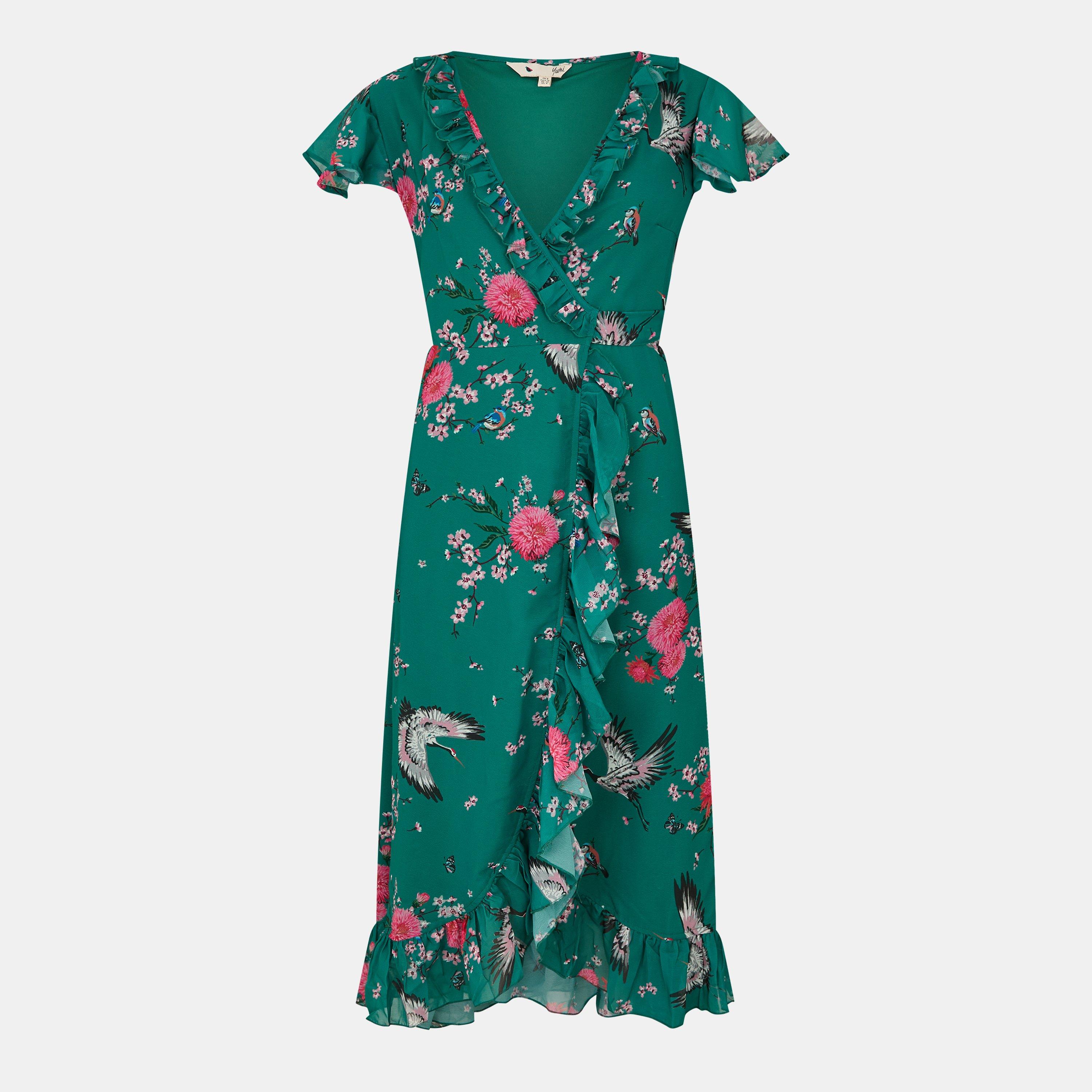 Yumi Women's Crane Print Midi Wrap Dress - Green - 8 (XS)