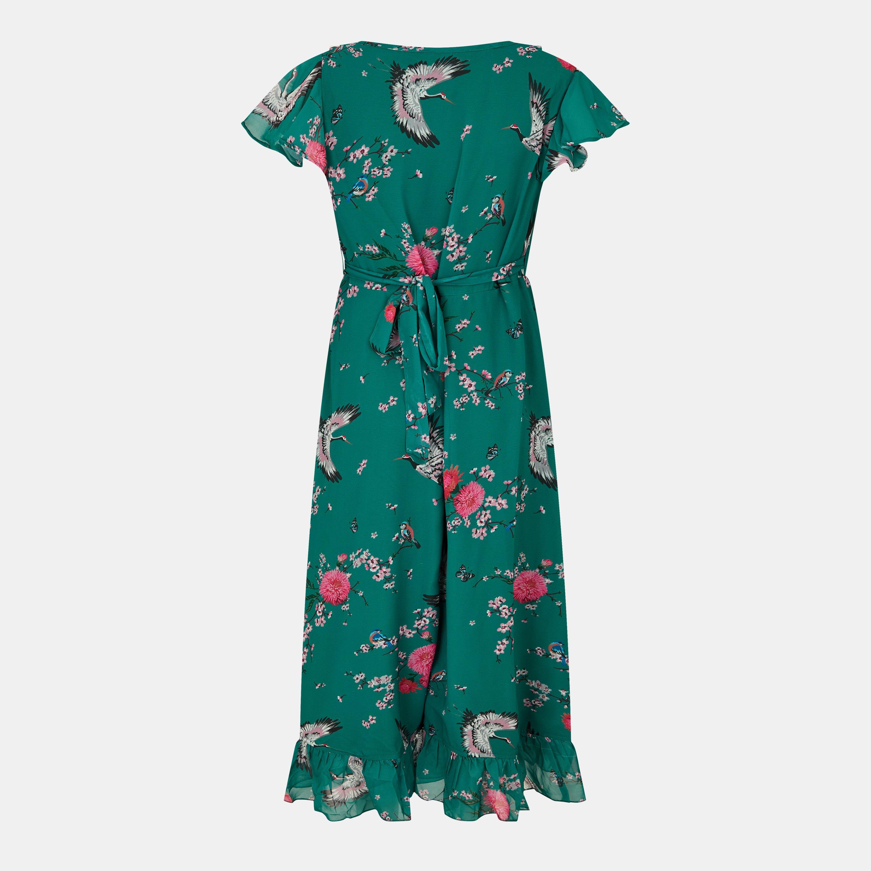 Green - Yumi - Crane Print Midi Wrap Dress - 2