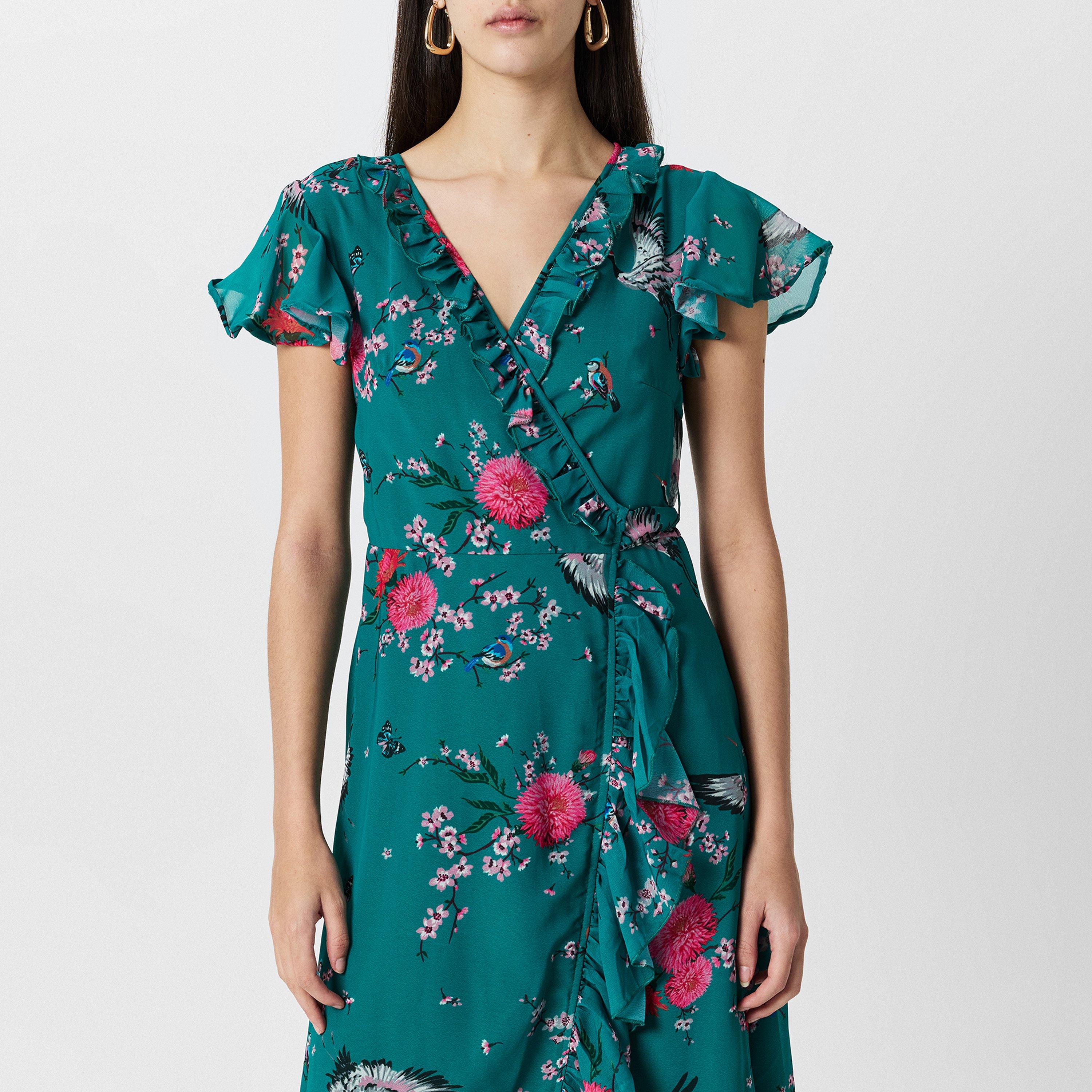 Green - Yumi - Crane Print Midi Wrap Dress - 3