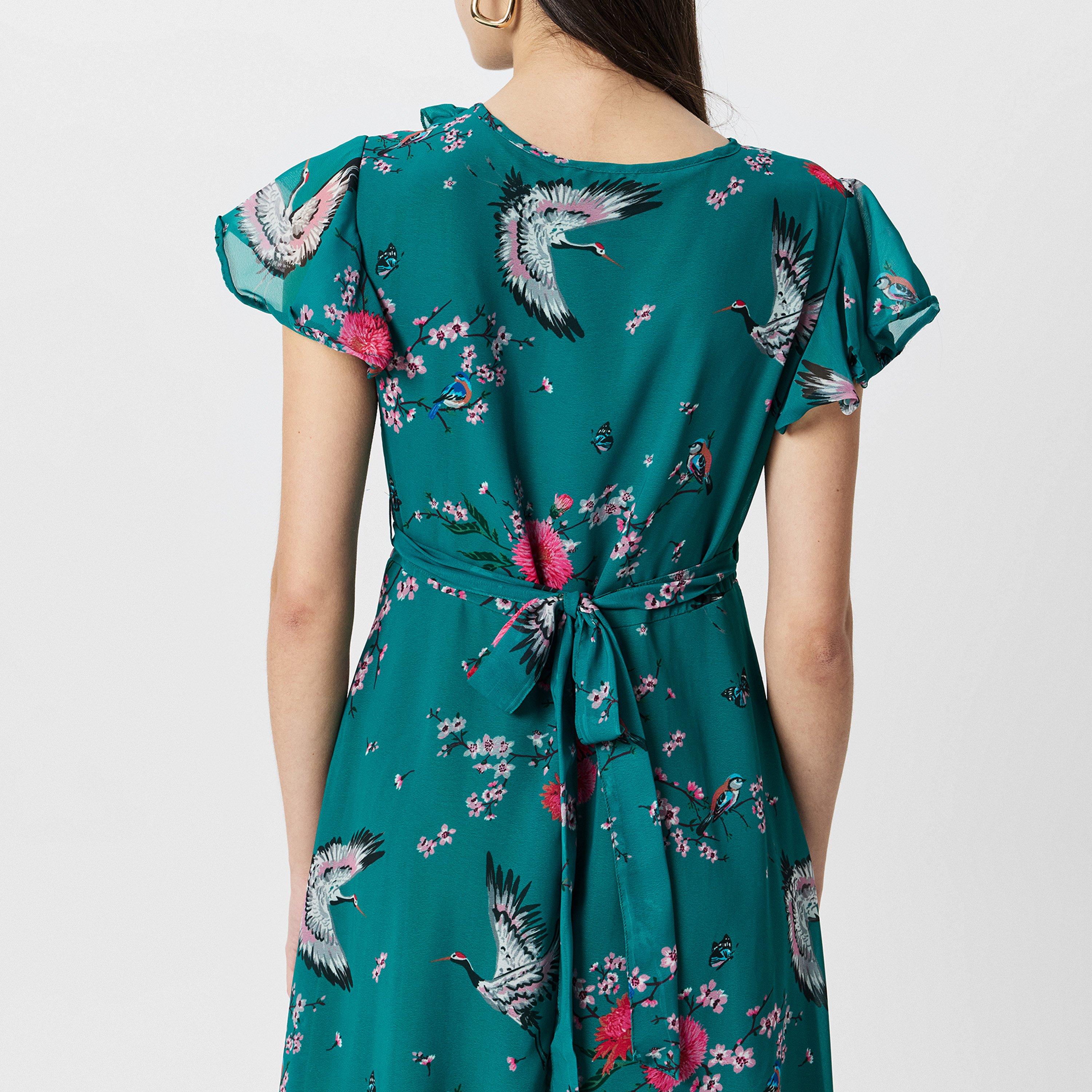 Green - Yumi - Crane Print Midi Wrap Dress - 4