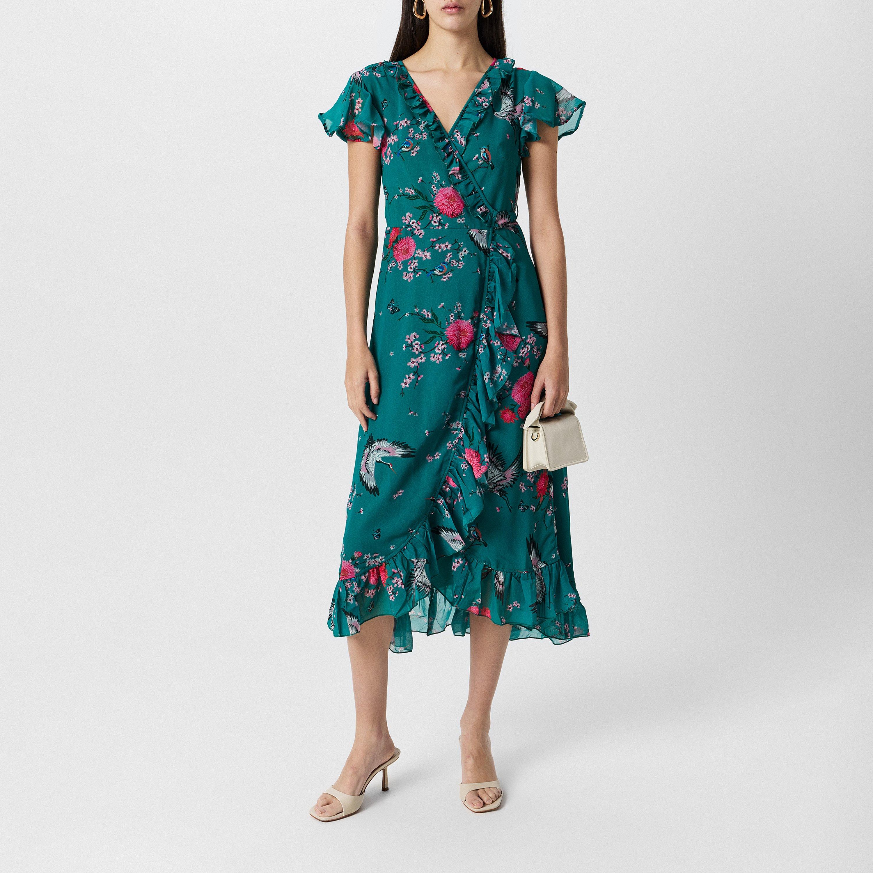 Green - Yumi - Crane Print Midi Wrap Dress - 6
