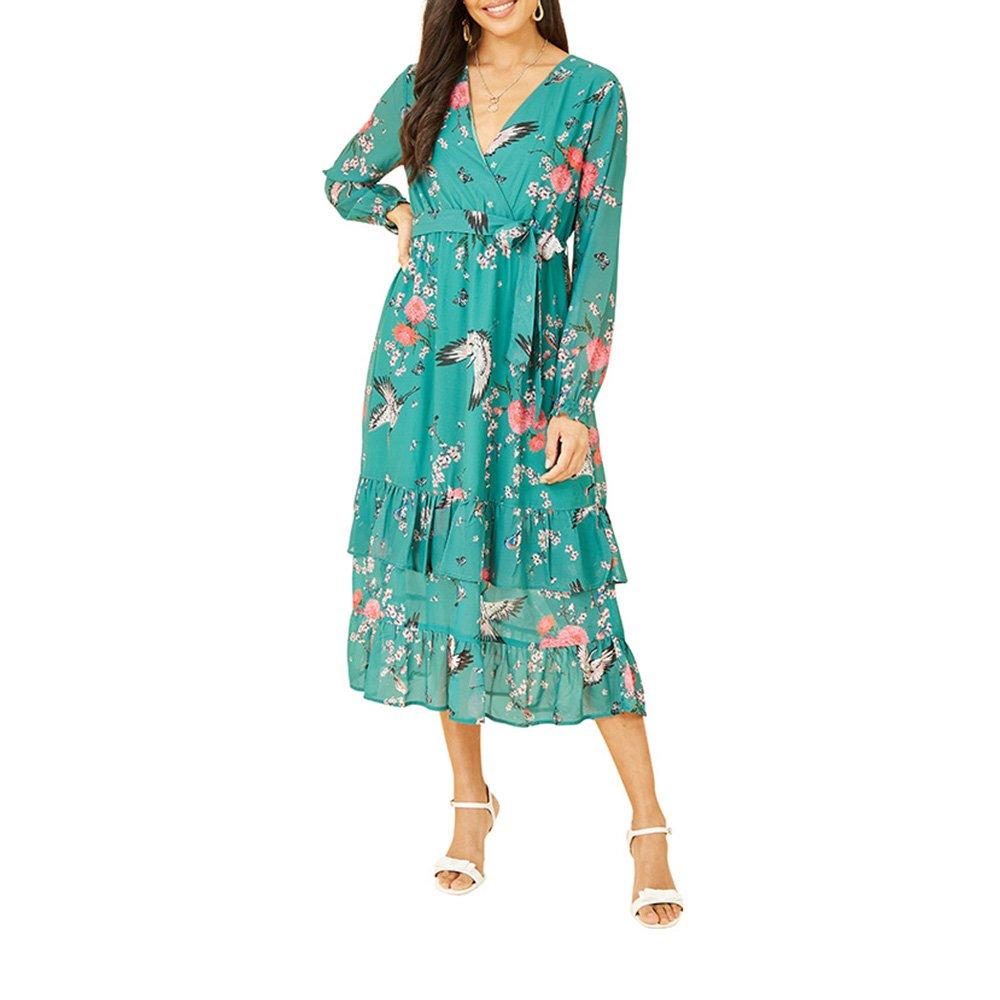 Green - Yumi - Women's Green Crane Print Midi Wrap Dress - 2