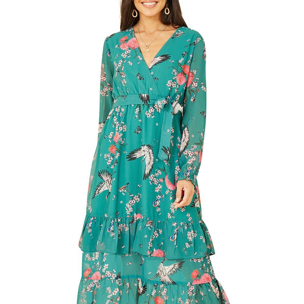 Green - Yumi - Women's Green Crane Print Midi Wrap Dress - 3