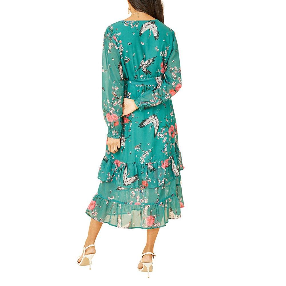 Green - Yumi - Women's Green Crane Print Midi Wrap Dress - 4