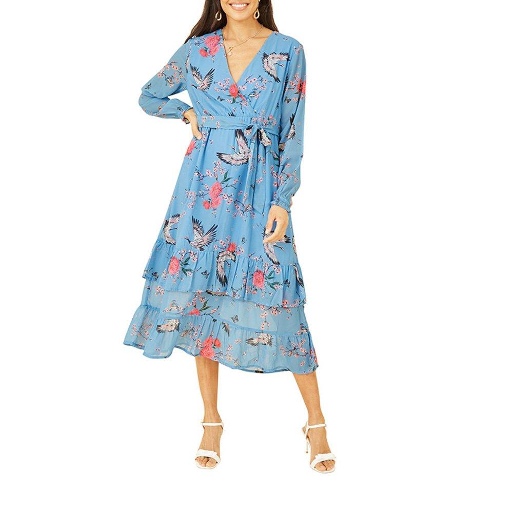 Blue - Yumi - Women's Blue Crane Print Midi Wrap Dress - 2