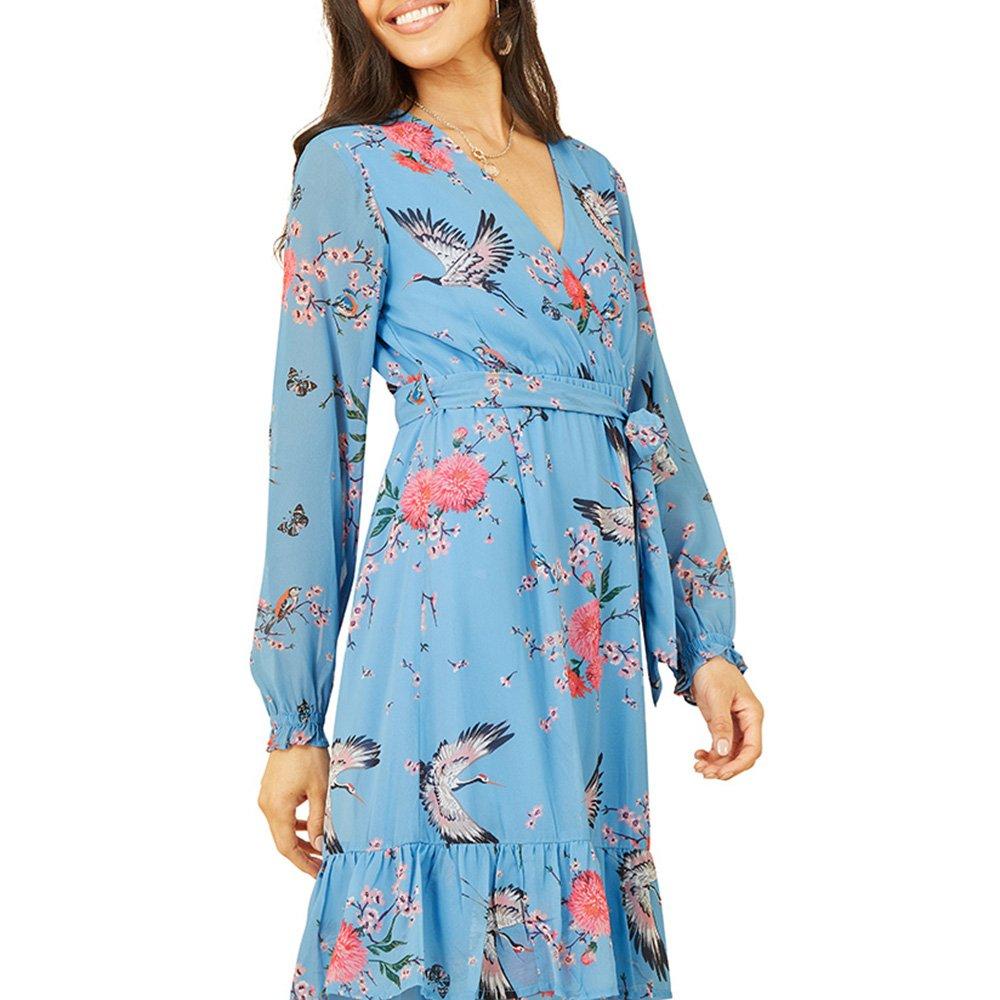 Blue - Yumi - Women's Blue Crane Print Midi Wrap Dress - 3