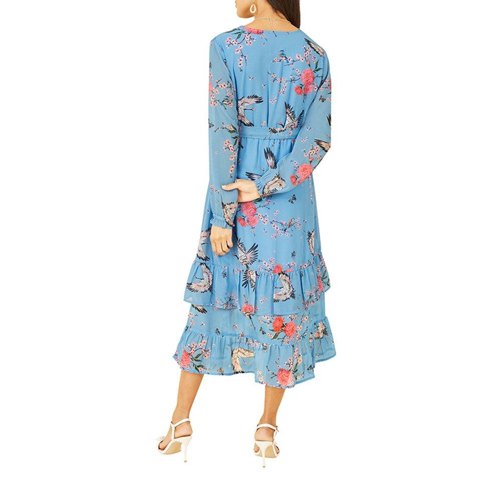 Blue - Yumi - Women's Blue Crane Print Midi Wrap Dress - 4