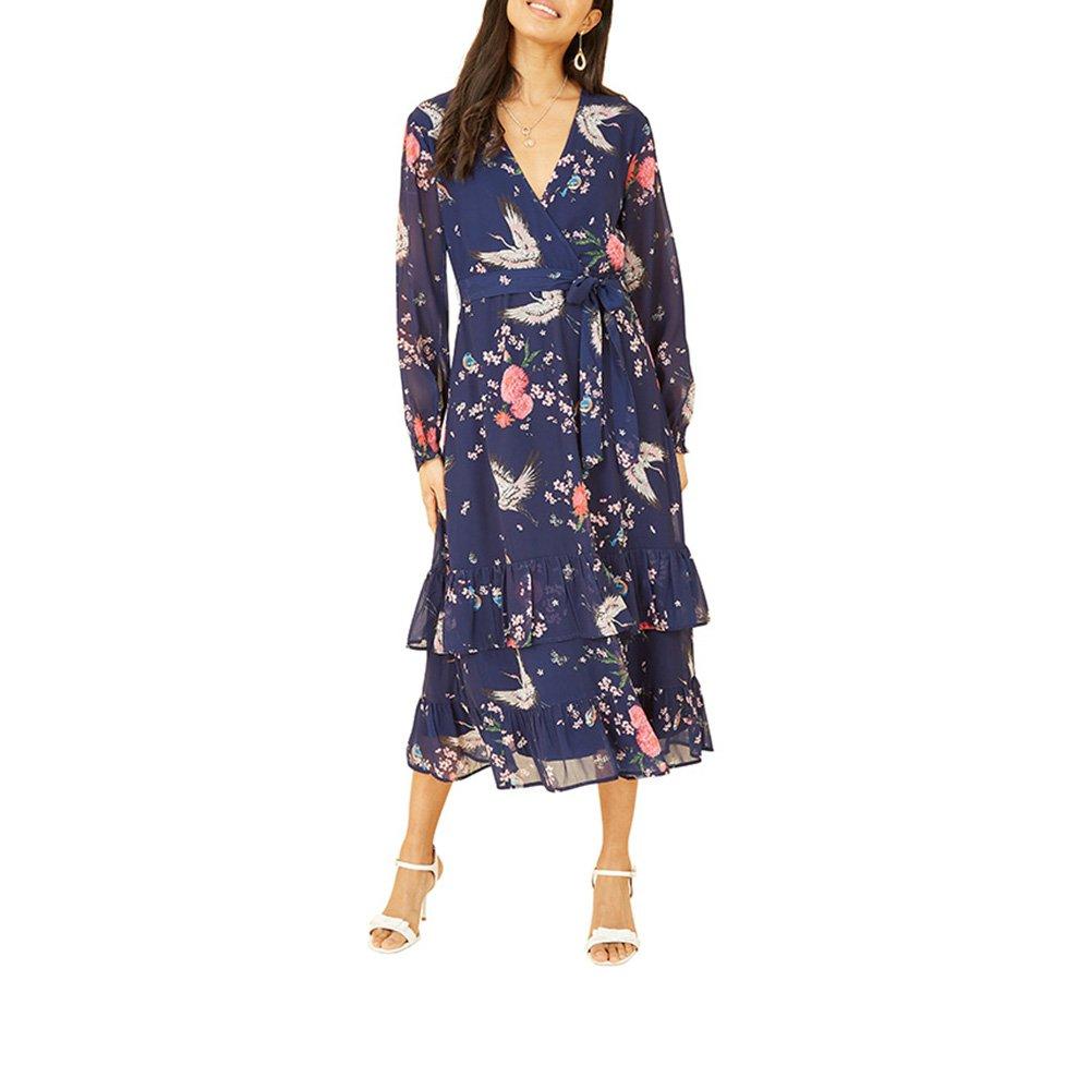 Navy - Yumi - Women's Navy Crane Print Midi Wrap Dress - 2