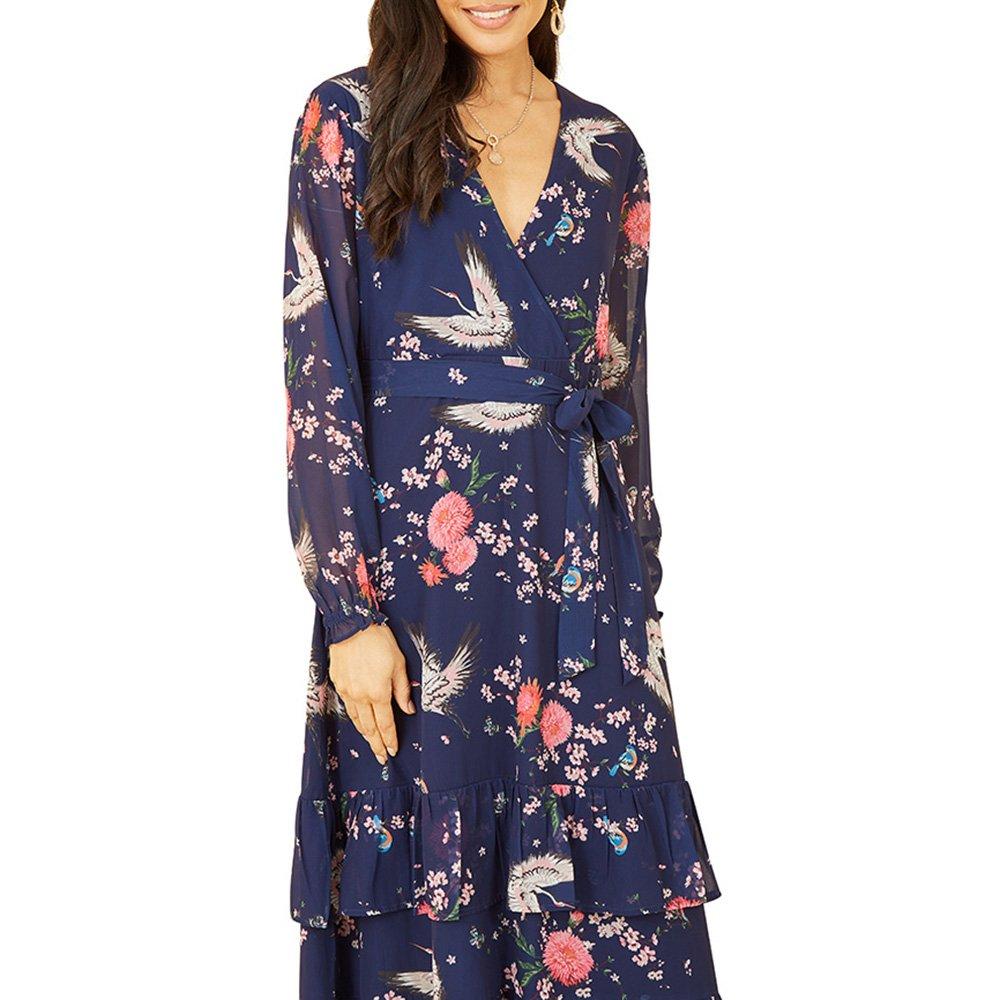 Navy - Yumi - Women's Navy Crane Print Midi Wrap Dress - 3