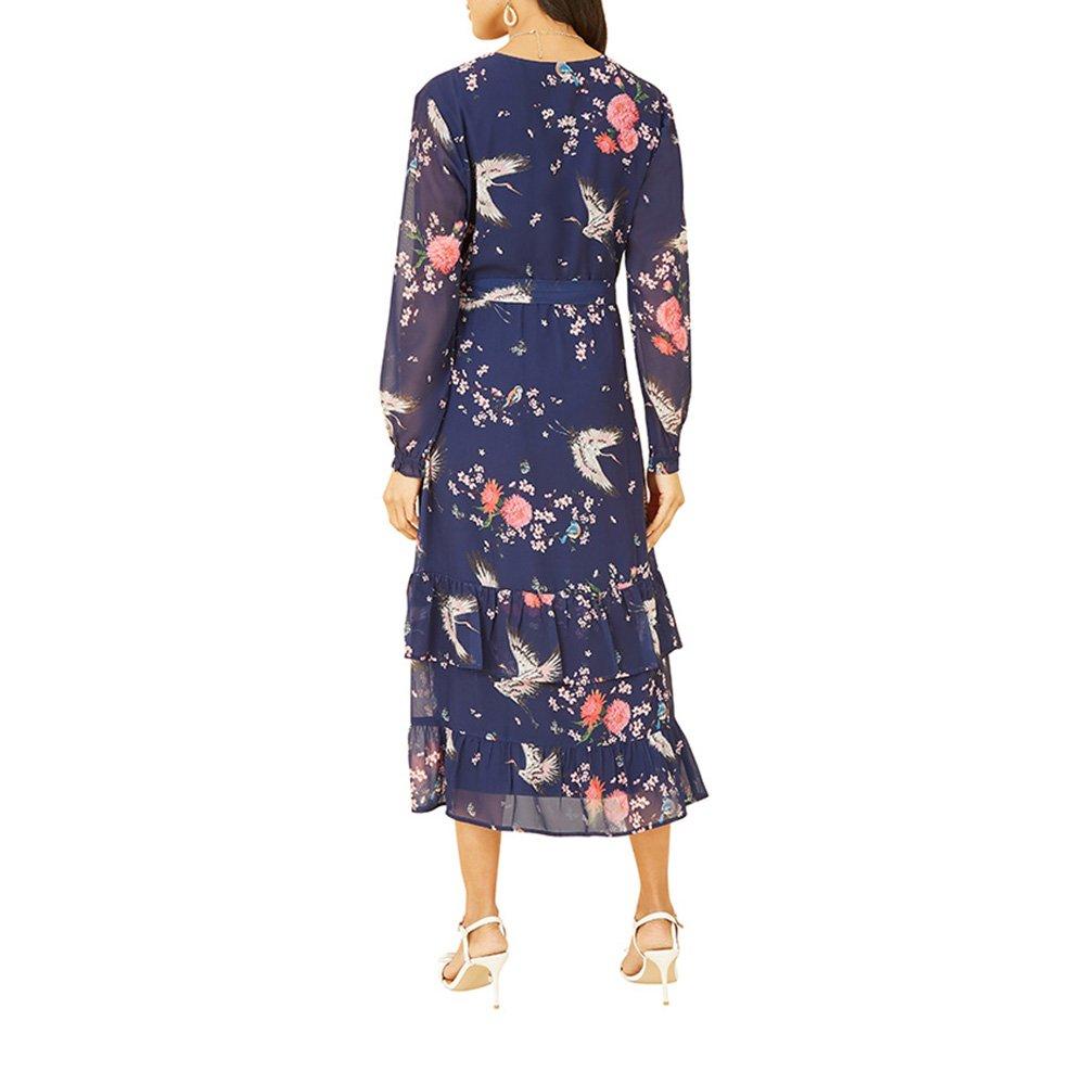 Navy - Yumi - Women's Navy Crane Print Midi Wrap Dress - 4