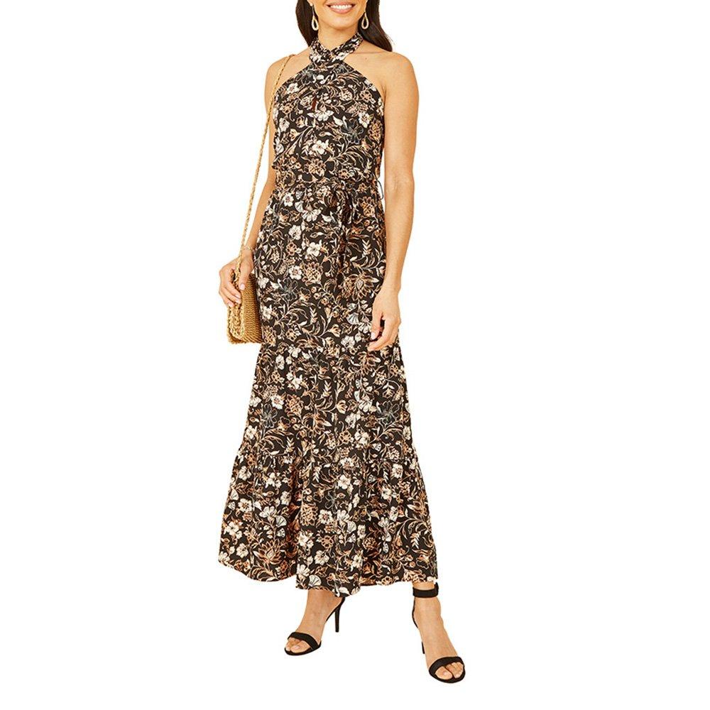 Black - Yumi - Women's Black Batik Cross Neck Maxi Wrap Dress - 2