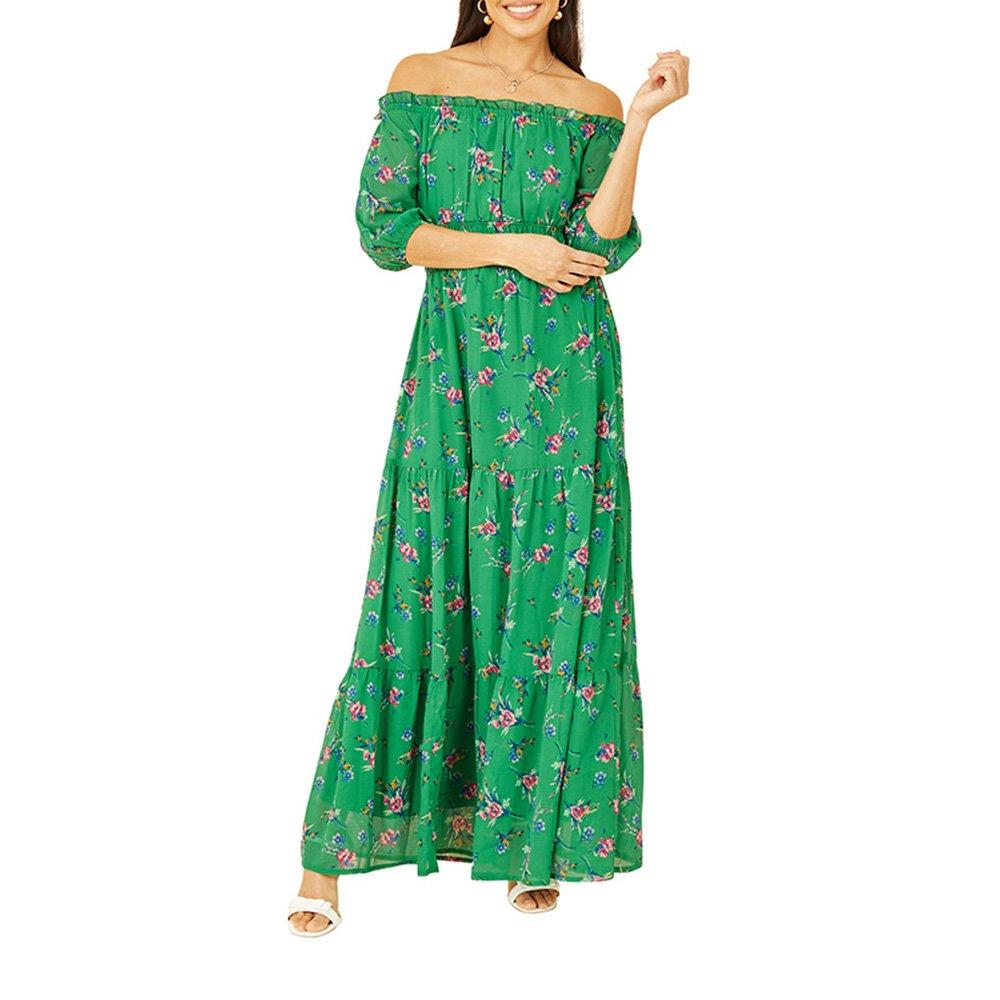 Green - Yumi - Women's Green Floral Bardot Maxi Dress - 2