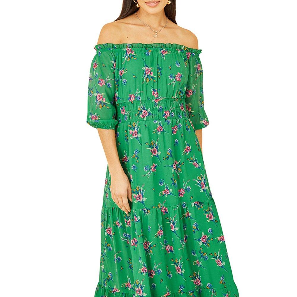 Green - Yumi - Women's Green Floral Bardot Maxi Dress - 3