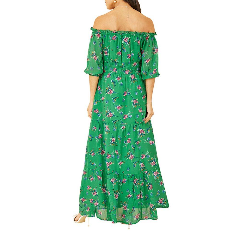 Green - Yumi - Women's Green Floral Bardot Maxi Dress - 4