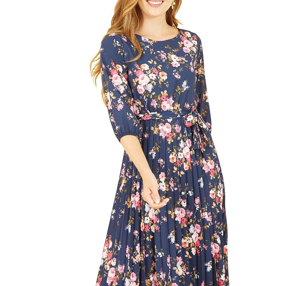 Navy - Yumi - Women's Navy Long-Sleeve Floral Maxi Dress - 2