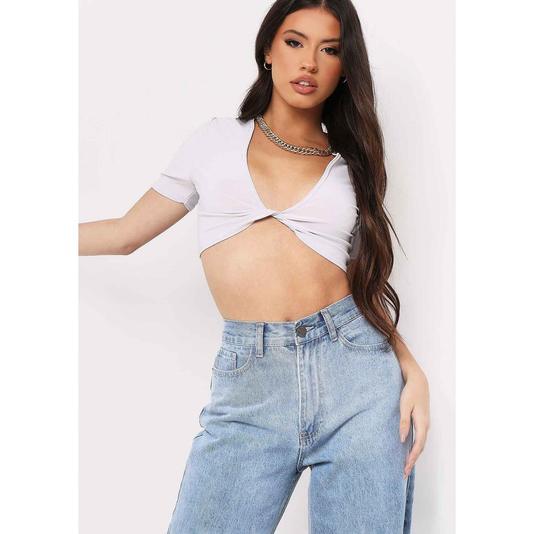 Grey - Missy Empire - Slinky Twist Front Crop Top