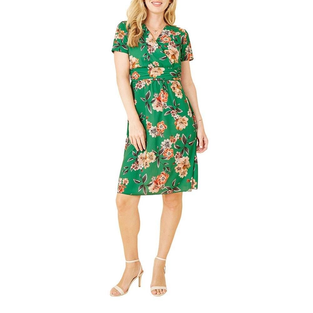 Green - Yumi - Women's Green Floral Ruched Waist Wrap Dress - 2