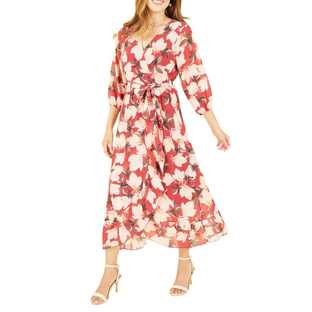 Red - Yumi - Women's Red Blossom Midi Wrap Dress - 2