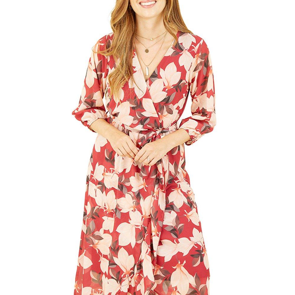 Red - Yumi - Women's Red Blossom Midi Wrap Dress - 3