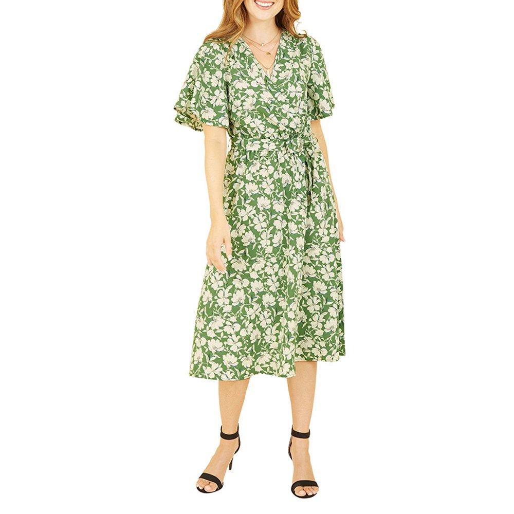 Green - Yumi - Women's Green Floral Midi Wrap Dress - 2