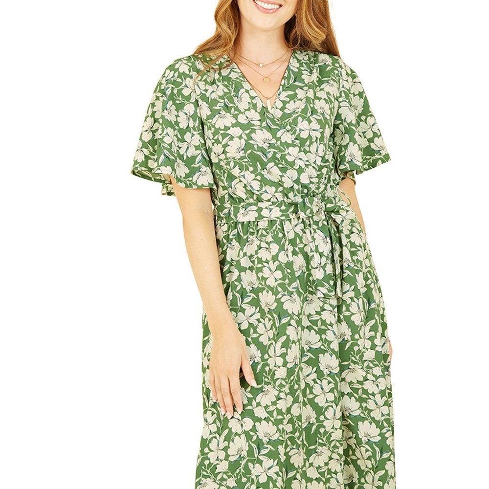 Green - Yumi - Women's Green Floral Midi Wrap Dress - 3