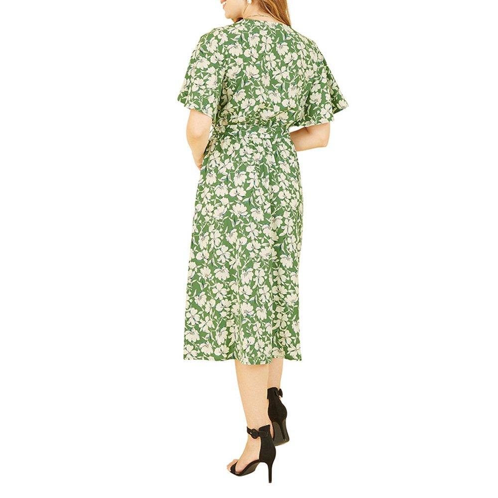 Green - Yumi - Women's Green Floral Midi Wrap Dress - 4