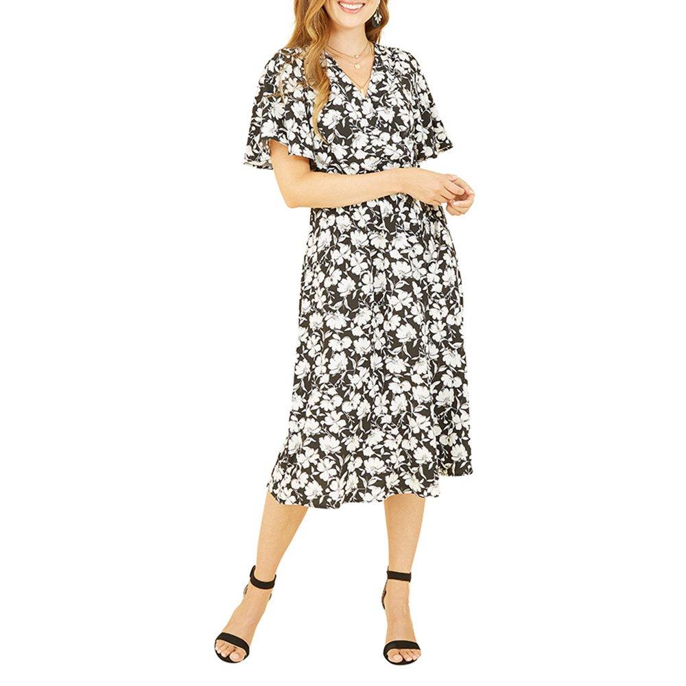 Black - Yumi - Women's Black Floral Midi Wrap Dress - 2
