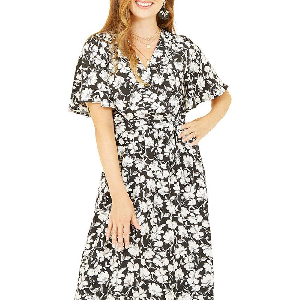 Black - Yumi - Women's Black Floral Midi Wrap Dress - 3