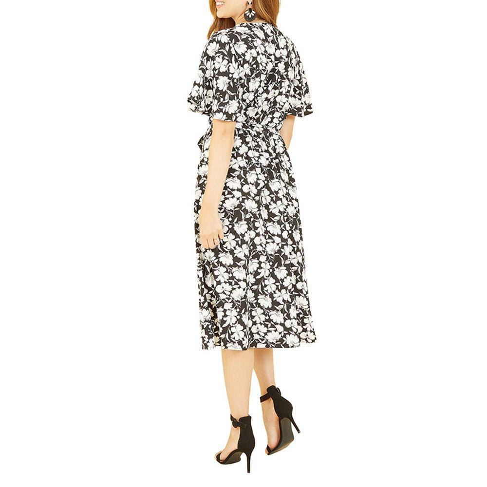 Black - Yumi - Women's Black Floral Midi Wrap Dress - 4