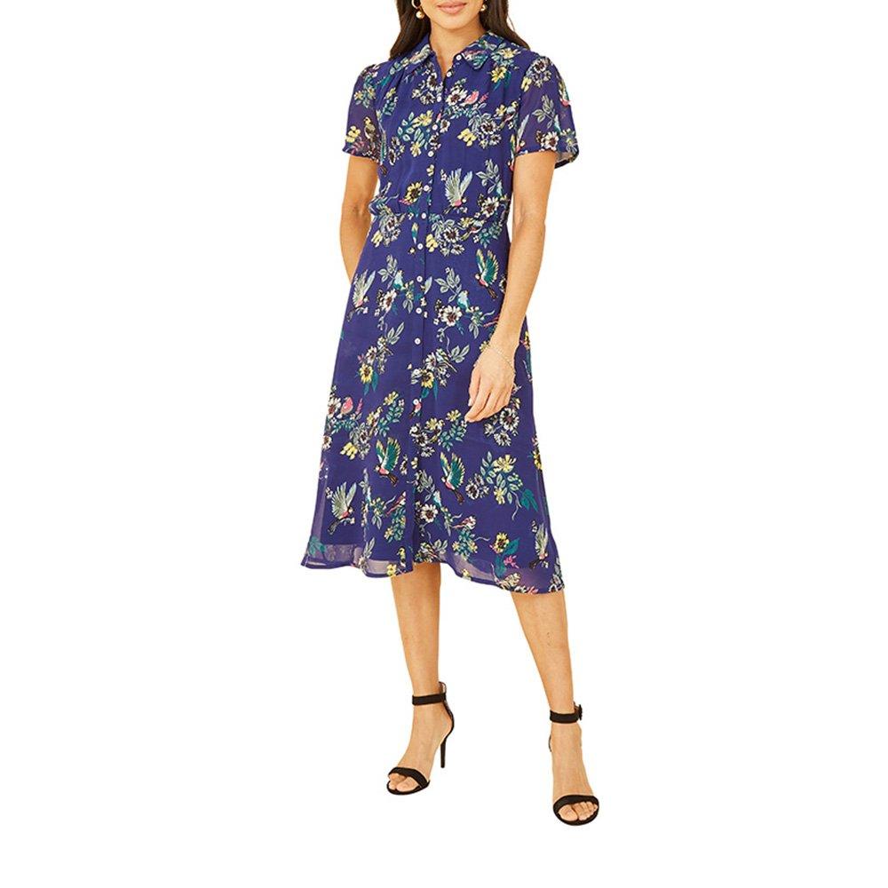 Navy - Yumi - Women's Navy Bird Print Midi Shirt Dress - 2