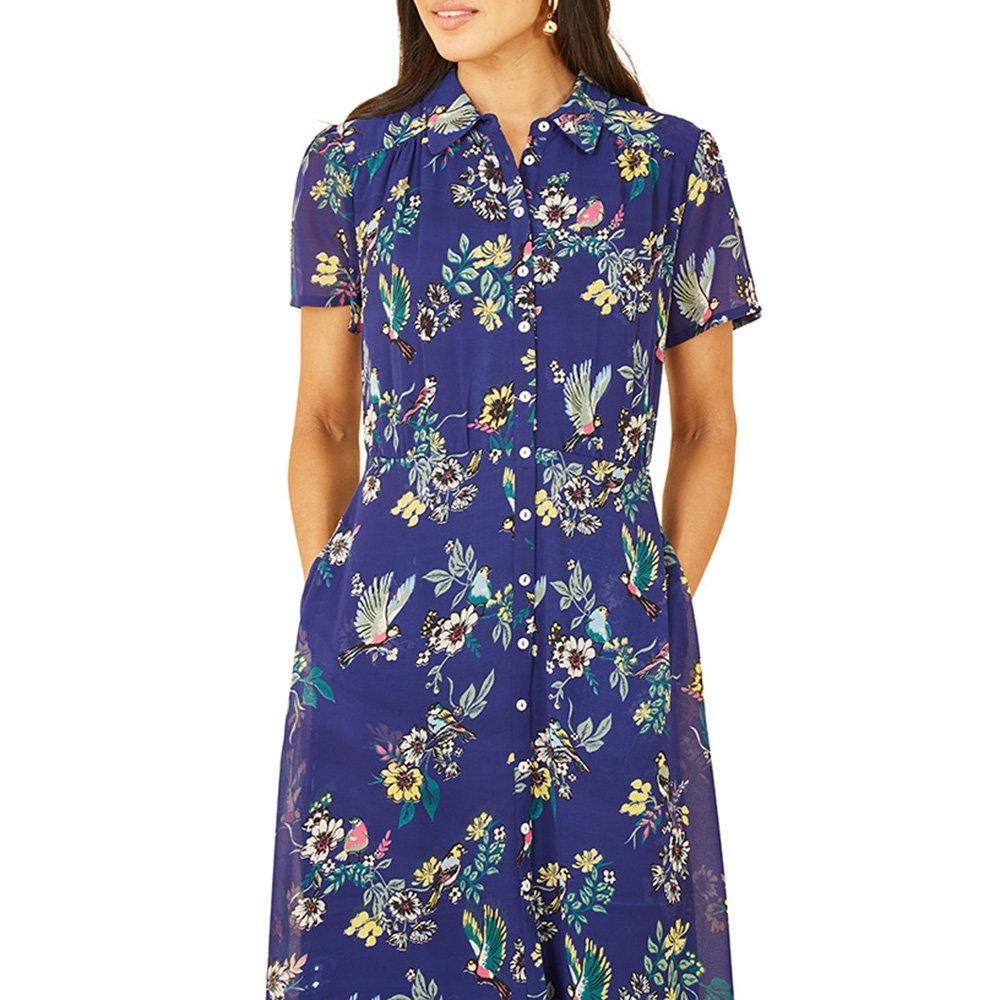 Navy - Yumi - Women's Navy Bird Print Midi Shirt Dress - 3