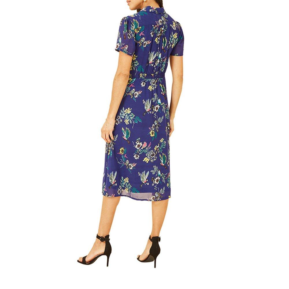 Navy - Yumi - Women's Navy Bird Print Midi Shirt Dress - 4
